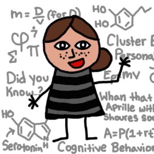 A cartoon stick drawing of a freckled young woman is waving with a friendly look on her face.